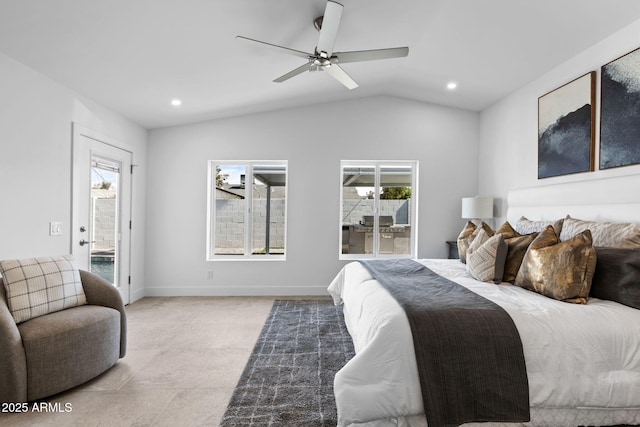 bedroom with access to outside, a ceiling fan, recessed lighting, baseboards, and lofted ceiling