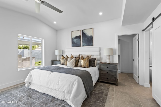 bedroom featuring baseboards, recessed lighting, a barn door, a ceiling fan, and vaulted ceiling