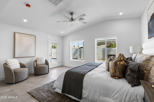 tiled bedroom with visible vents, lofted ceiling, recessed lighting, and access to exterior