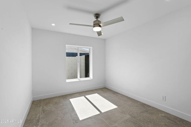 empty room with recessed lighting, baseboards, and ceiling fan
