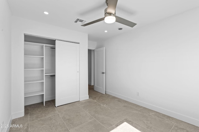 unfurnished bedroom with recessed lighting, baseboards, visible vents, and a closet