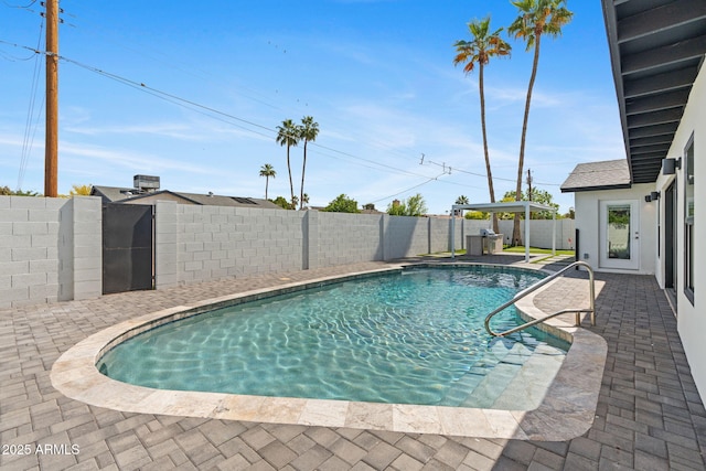 view of pool featuring a fenced backyard, a fenced in pool, and a patio
