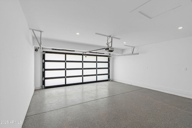 garage with recessed lighting, baseboards, and a garage door opener