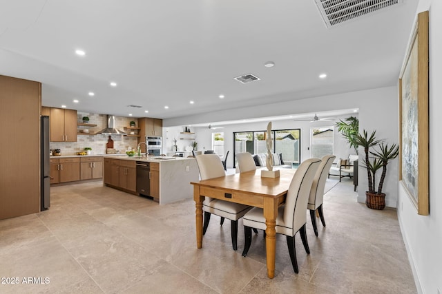 dining room featuring visible vents, recessed lighting, and a ceiling fan