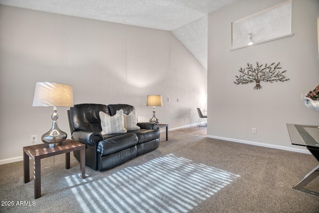 carpeted living room featuring a textured ceiling and vaulted ceiling