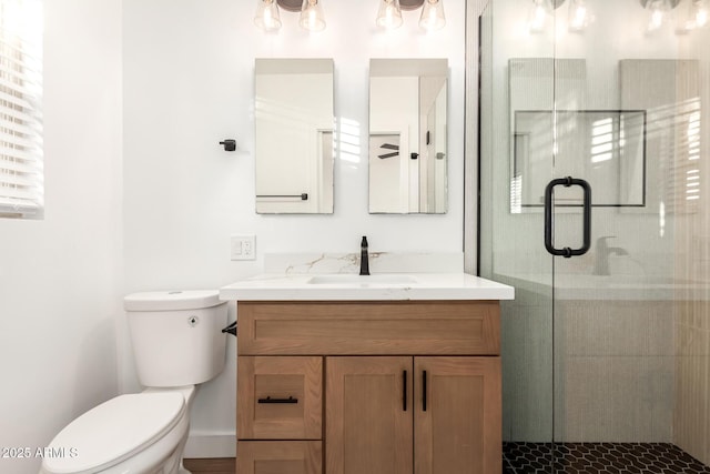 bathroom featuring vanity, toilet, and walk in shower