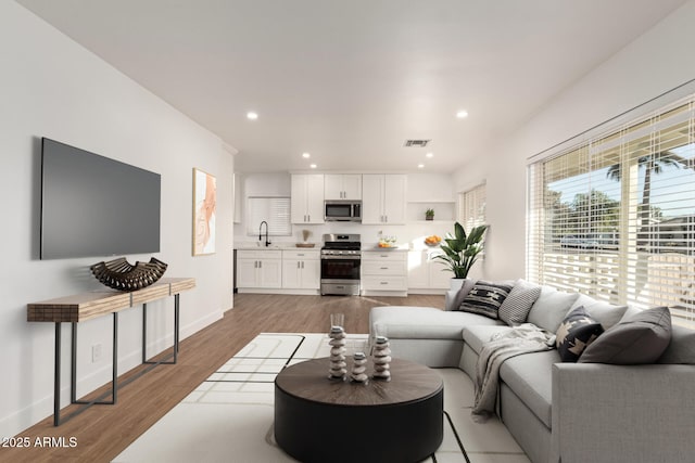 living room with sink and hardwood / wood-style floors