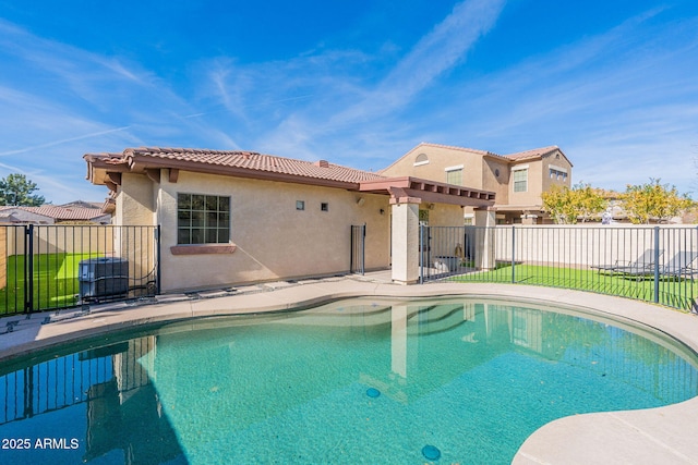 view of pool featuring cooling unit and a pergola