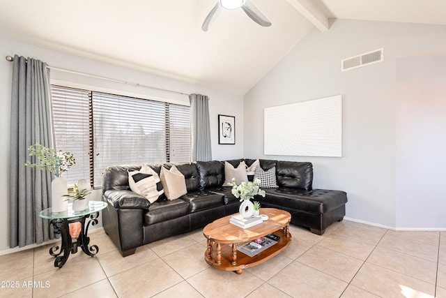 living room featuring beamed ceiling, ceiling fan, high vaulted ceiling, and light tile patterned floors