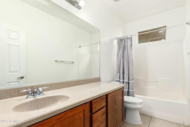 full bathroom with vanity, tile patterned floors, toilet, and shower / bathtub combination with curtain