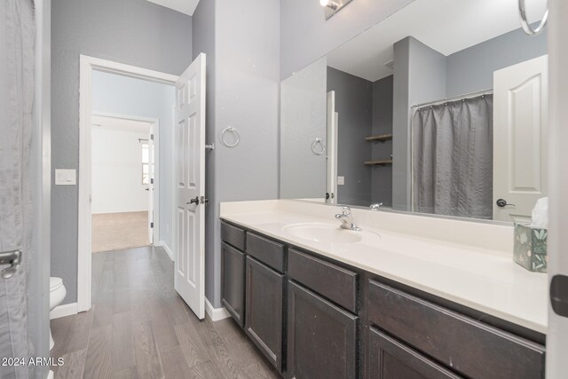 bathroom with hardwood / wood-style flooring, vanity, and toilet