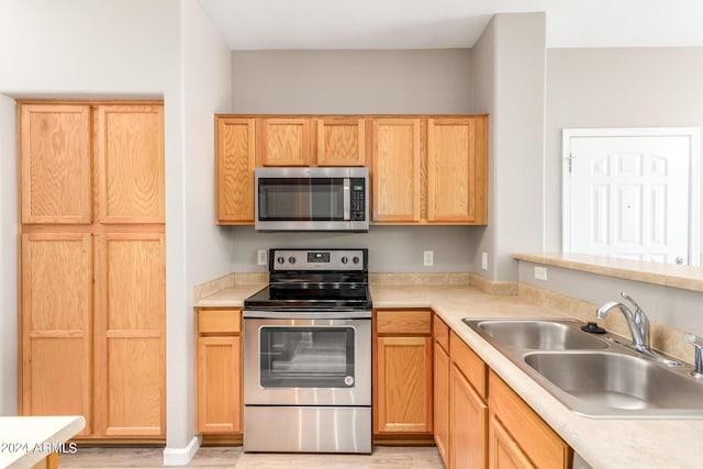 kitchen with sink, stainless steel appliances, and light brown cabinets