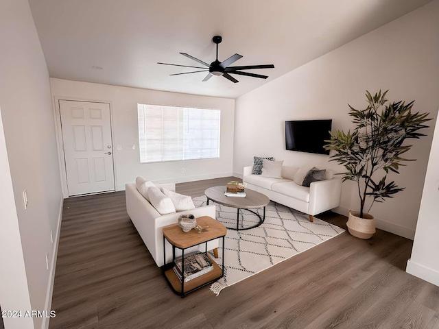 living room featuring ceiling fan and wood-type flooring