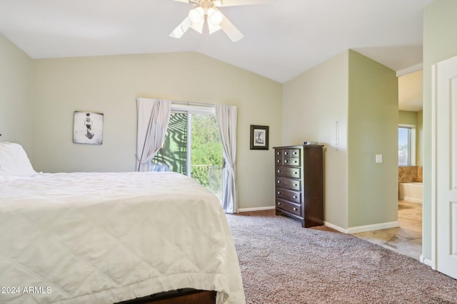 carpeted bedroom featuring access to exterior, connected bathroom, ceiling fan, and lofted ceiling