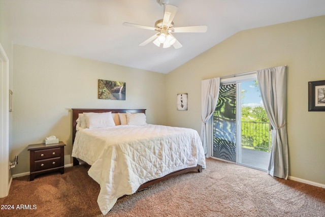 carpeted bedroom featuring access to exterior, ceiling fan, and lofted ceiling