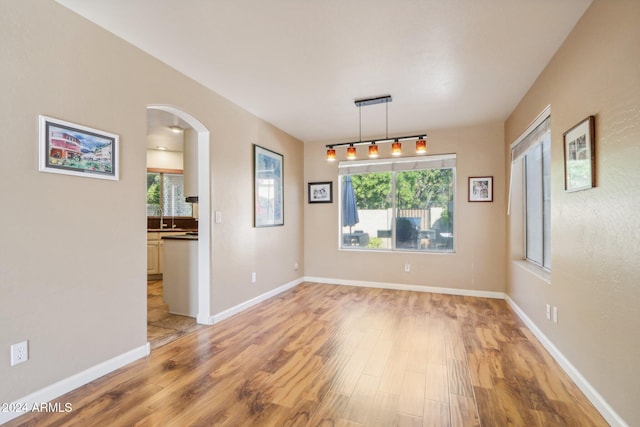 unfurnished dining area with a wealth of natural light, sink, and light hardwood / wood-style floors