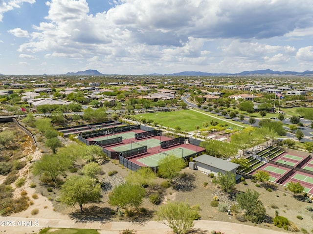 drone / aerial view featuring a mountain view