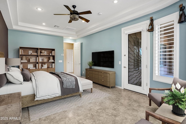 bedroom with ceiling fan, a raised ceiling, visible vents, and recessed lighting