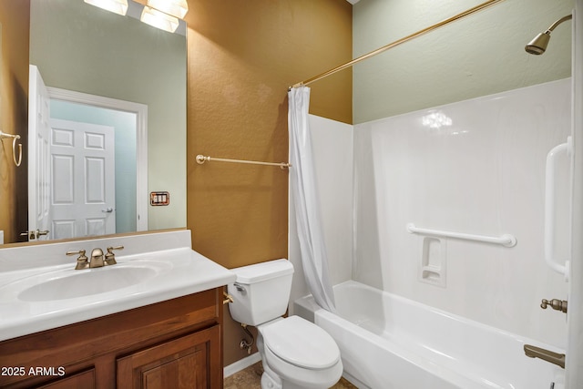 bathroom with toilet, a textured wall, shower / bath combination with curtain, and vanity