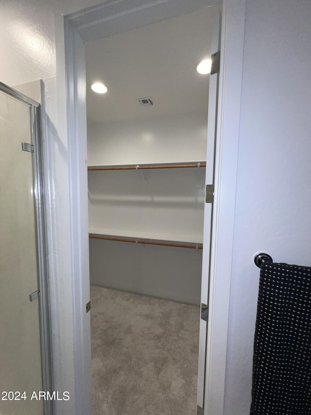 spacious closet featuring light carpet