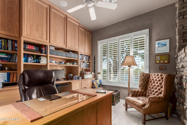 tiled office with ceiling fan