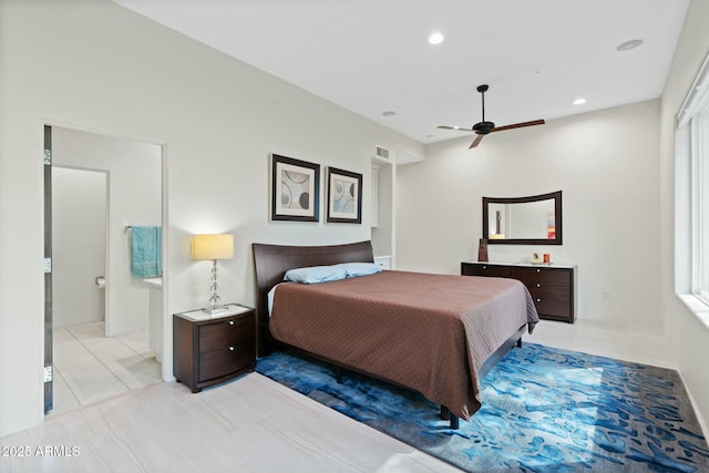 bedroom with light tile patterned floors and ceiling fan