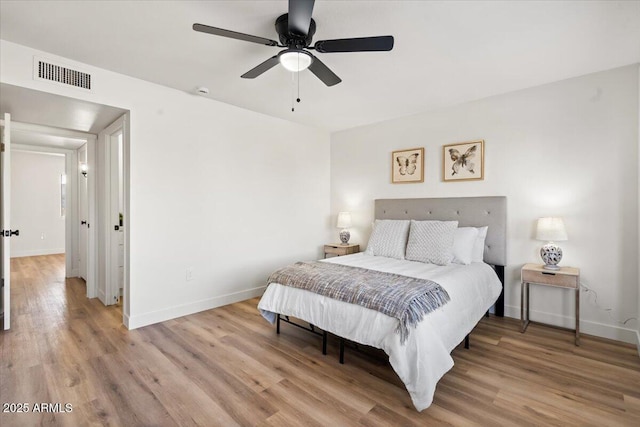 bedroom featuring ceiling fan and light hardwood / wood-style flooring