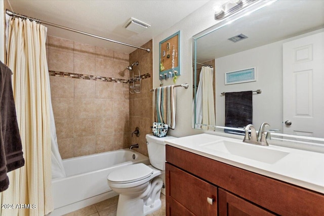 full bathroom with vanity, tile patterned flooring, toilet, and shower / bathtub combination with curtain