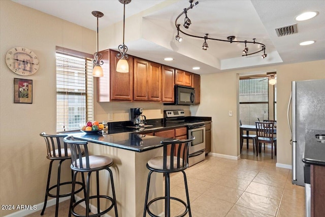 kitchen featuring stainless steel appliances, a tray ceiling, decorative light fixtures, and a healthy amount of sunlight