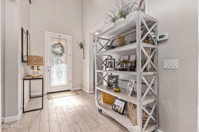 doorway to outside featuring light hardwood / wood-style floors and a high ceiling