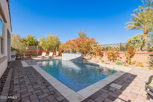 view of pool with pool water feature and a patio