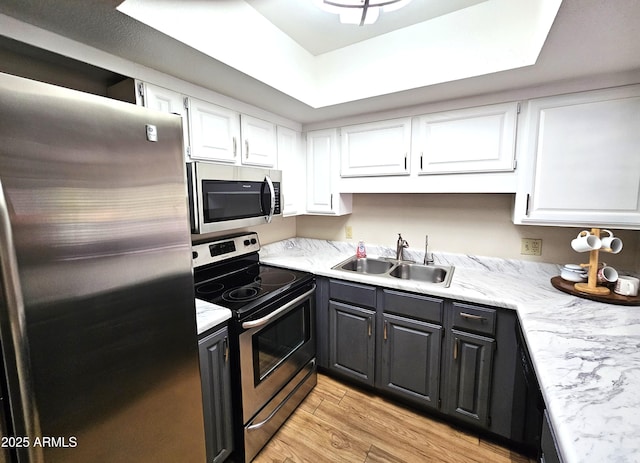 kitchen with light wood-type flooring, appliances with stainless steel finishes, sink, and white cabinetry