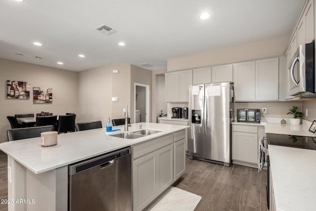 kitchen with appliances with stainless steel finishes, a sink, light wood-style floors, visible vents, and a center island with sink