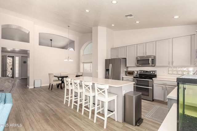 kitchen with decorative light fixtures, appliances with stainless steel finishes, a kitchen breakfast bar, a kitchen island, and a notable chandelier