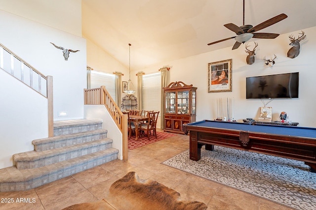 4554 W Detroit St, Chandler, AZ 85226 - recreation room featuring billiards, a ceiling fan, light tile patterned flooring, and lofted ceiling