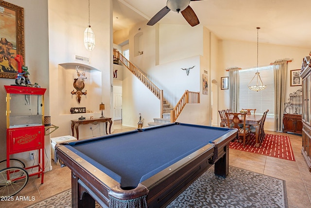4554 W Detroit St, Chandler, AZ 85226 - game room featuring visible vents, ceiling fan with notable chandelier, high vaulted ceiling, tile patterned flooring, and pool table