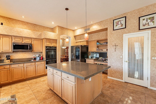 4554 W Detroit St, Chandler, AZ 85226 - kitchen with light tile patterned floors, visible vents, black appliances, and dark countertops