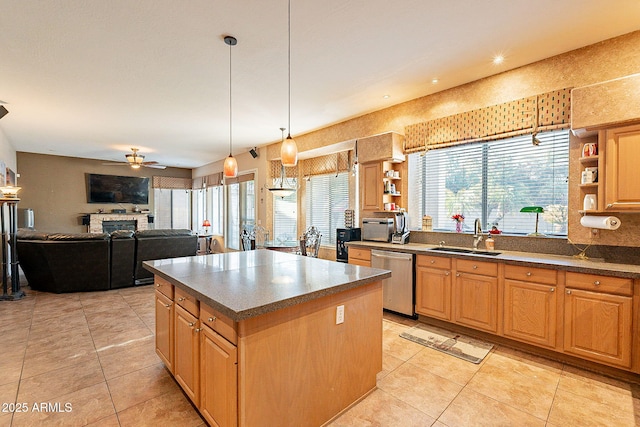 4554 W Detroit St, Chandler, AZ 85226 - kitchen with light tile patterned floors, open shelves, dark countertops, stainless steel dishwasher, and a sink