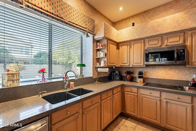 4554 W Detroit St, Chandler, AZ 85226 - kitchen with light tile patterned floors, tasteful backsplash, open shelves, a sink, and stainless steel appliances