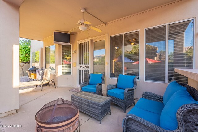 4554 W Detroit St, Chandler, AZ 85226 - view of patio featuring grilling area, a ceiling fan, and an outdoor living space with a fire pit