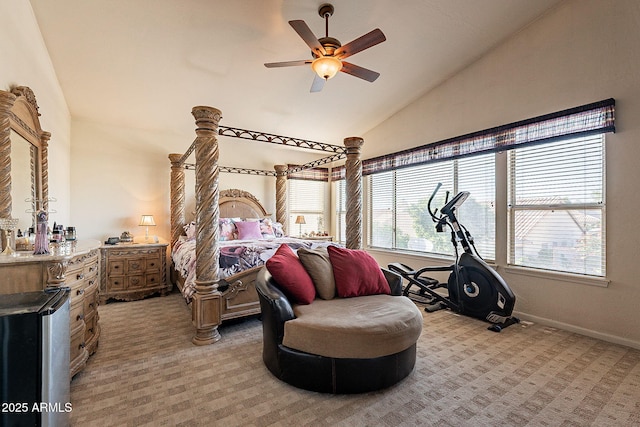 4554 W Detroit St, Chandler, AZ 85226 - bedroom featuring high vaulted ceiling, baseboards, light colored carpet, and a ceiling fan