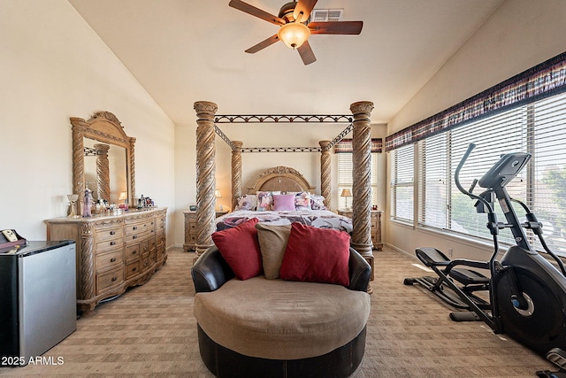 4554 W Detroit St, Chandler, AZ 85226 - bedroom featuring light carpet, high vaulted ceiling, and a ceiling fan