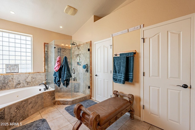 4554 W Detroit St, Chandler, AZ 85226 - full bath featuring tile patterned floors, a shower stall, vaulted ceiling, and a garden tub