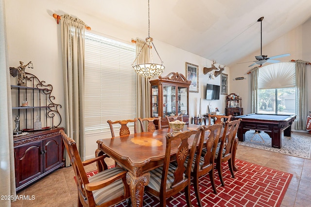 4554 W Detroit St, Chandler, AZ 85226 - dining area featuring ceiling fan with notable chandelier, light tile patterned floors, billiards, and vaulted ceiling