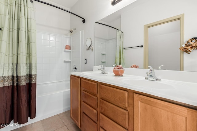 full bath featuring double vanity, shower / tub combo, tile patterned flooring, and a sink