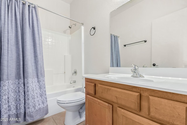 full bath with shower / tub combo with curtain, vanity, toilet, and tile patterned floors