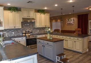 kitchen with a center island, backsplash, stainless steel range with electric stovetop, and sink