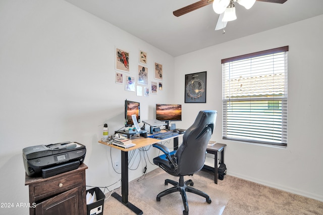 office with ceiling fan and light colored carpet