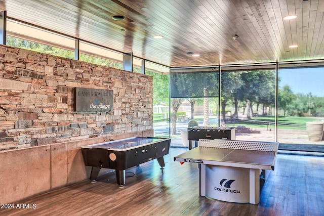 game room with plenty of natural light, expansive windows, and dark hardwood / wood-style flooring