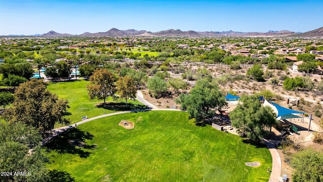 drone / aerial view featuring a mountain view